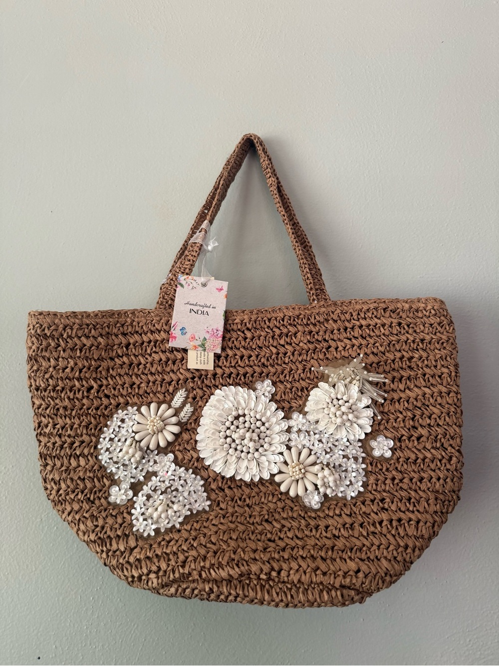 Handwoven Brown Floral-Embellished Tote Bag